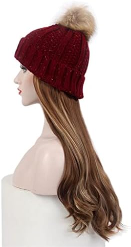 PDGJG Moda Avrupa ve Amerikan Bayanlar Saç Şapka Bir Kırmızı Örme Şapka Peruk Uzun Kıvırcık Kahverengi Peruk ve Şapka Bir