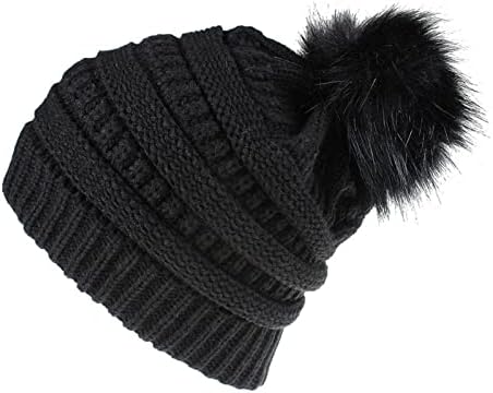 SHUAIFA Siyah Kış Kasketleri Kadınlar ıçin Yumuşak Sıcak Tıknaz Örme Şapka Yumuşak Kayak Manşet Kap Şapka ıle Faux Kürk Pom Kafatası
