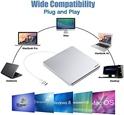VikTck USB 3.0 Harici DVD CD Sürücü Yazar / Rewriter / USB CD Burner için MacBook Pro Dizüstü / Masaüstü / Win 7/8. 1/10 (Gümüş)