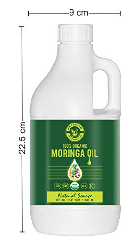 Organik Moringa Yağı (33.81 fl oz/ 1000 ml) USDA Sertifikalı, %100 Saf ve Doğal, Bakire, Cilt, Saç ve vücut için Soğuk Preslenmiş