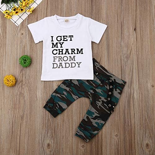 Yürüyor Bebek Erkek Bebek Kız Camo Pantolon Giyim Kısa Kollu Mektup baskılı tişört T-Shirt 2 adet Kamuflaj Kıyafetler Set