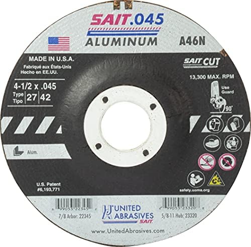 Birleşik Aşındırıcılar SAIT 22345 4-1 / 2x. 045x7 / 8 A46N Alüminyum Agresif Kesme Tekerlekleri, 50 paket