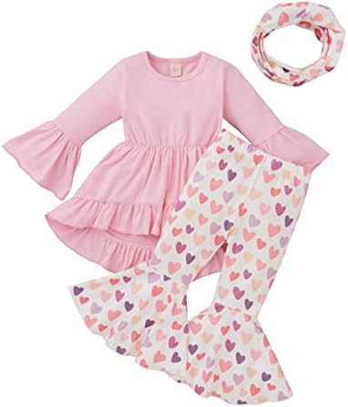 3 Adet Toddler Bebek Kız sevgililer Günü Kıyafetler Çan Kollu Kırmızı Fırfır Gömlek Çan Alt Flare Pantolon Set 9 M-4 T