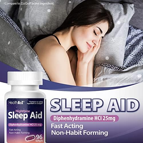 HealthA2Z Gece Uyku Yardımı 96 Softgels, Difenhidramin HCl, Hızlı Etkili, Alışkanlık Oluşturmayan