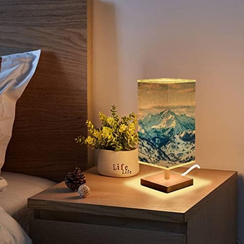 Başucu Lambaları Karlı Dağlar Okuma Komidin Lambası, Minimalist Ahşap Taban Dikdörtgen Kumaş Gölge Masa yatak odası için lamba