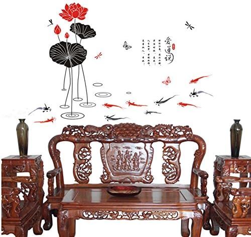 BİBİTİME Çin Antik Şiir Tırnak Sticker Mürekkep yıkama Boyama Tarzı Vinil Lotus Çiçek Gölet Sazan Kelebek Yusufçuk Duvar Çıkartması