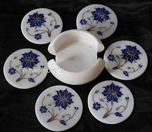 Mermer Çay Bardak Seti Kakmacılık Sanat İle Lapis Lazuli Taşlar Çiçek Çalışma, Boyutu 4.5 İnç
