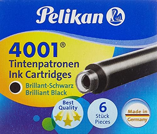 Dolma Kalemler için Pelikan 4001 TP/6 Mürekkep Kartuşları, Parlak Siyah, 0,8 ml, 6 Paket (301218)