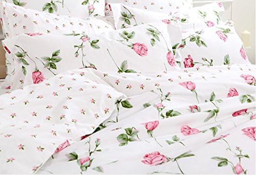 LELVA Romantik Gül Baskı Nevresim Pamuk Çiçek Yatak Chic Kız Yatak Seti Tam Kraliçe Beyaz 4 Parça (Kraliçe, Çarşaf)