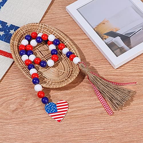 Püskül ve Amerikan bayrağı vatansever kolye ile el yapımı ahşap boncuk Garland