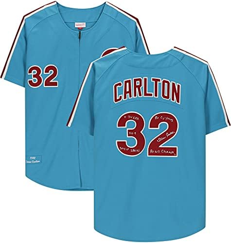 Steve Carlton Philadelphia Phillies İmzalı Mavi 1980 Mitchell & Ness Çoklu Yazıtlı Otantik Forma - 8 İmzalı MLB Formalarının
