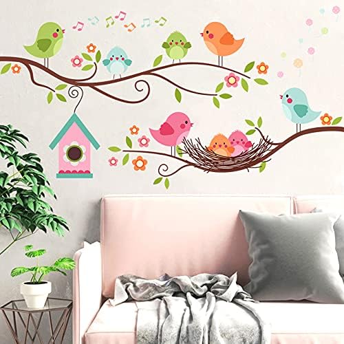 Renkli Robin Kuş Duvar Sticker, Karikatür Şarkı Kuş Ağaç Dalı Duvar Çıkartması, Birdhouse ile Çiçekler Duvar sanat dekoru, çıkarılabilir