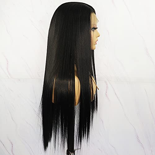 YYsoo Dantel ön peruk Düz saç Sentetik Uzun Ipek Düz doğal Futura peruk ısıya dayanıklı iplik Doğal siyah Saç peruk Siyah Kadınlar