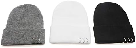Kadın kış Unisex Metal halka örme bere şapka sıcak düz renk kafatası kap moda sevimli Bayan için