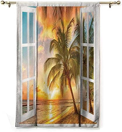 Kişiselleştirilmiş Termal Perde, Deniz Okyanus Palmiye Ağacı Günbatımı Manzarası Doğal Ahşap Pencereler Sanat Resimleri Doğal