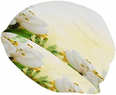 WONDERTİFY Beyaz Laleler Örgü Şapka Mimoza Yeşil Yaprak Çiçekler Bere Şapka Erkekler Kadınlar ıçin Sıcak, Yumuşak ve Sıkı Günlük