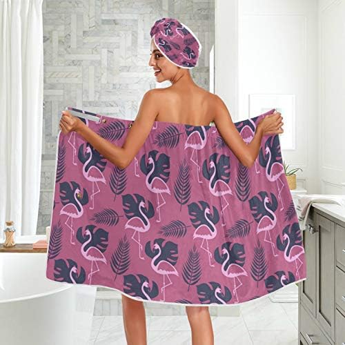 Flamingolar Flamenko Yaz Desen Banyo Havlu Wrap ile Kuru Saç duş bonesi, Ayarlanabilir Kapatma Duş Bornozlar, Hızlı Kurutma için