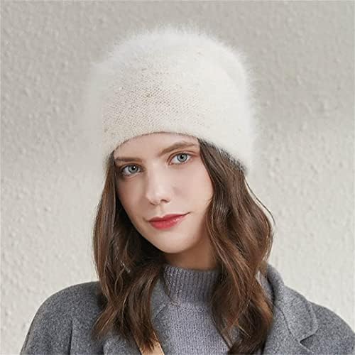 FMOGG Kadınlar Kış Örme Şapka Kalın Sıcak Angola Tavşan Kürk Rhinestone Çizgili Beanie ıle Caps